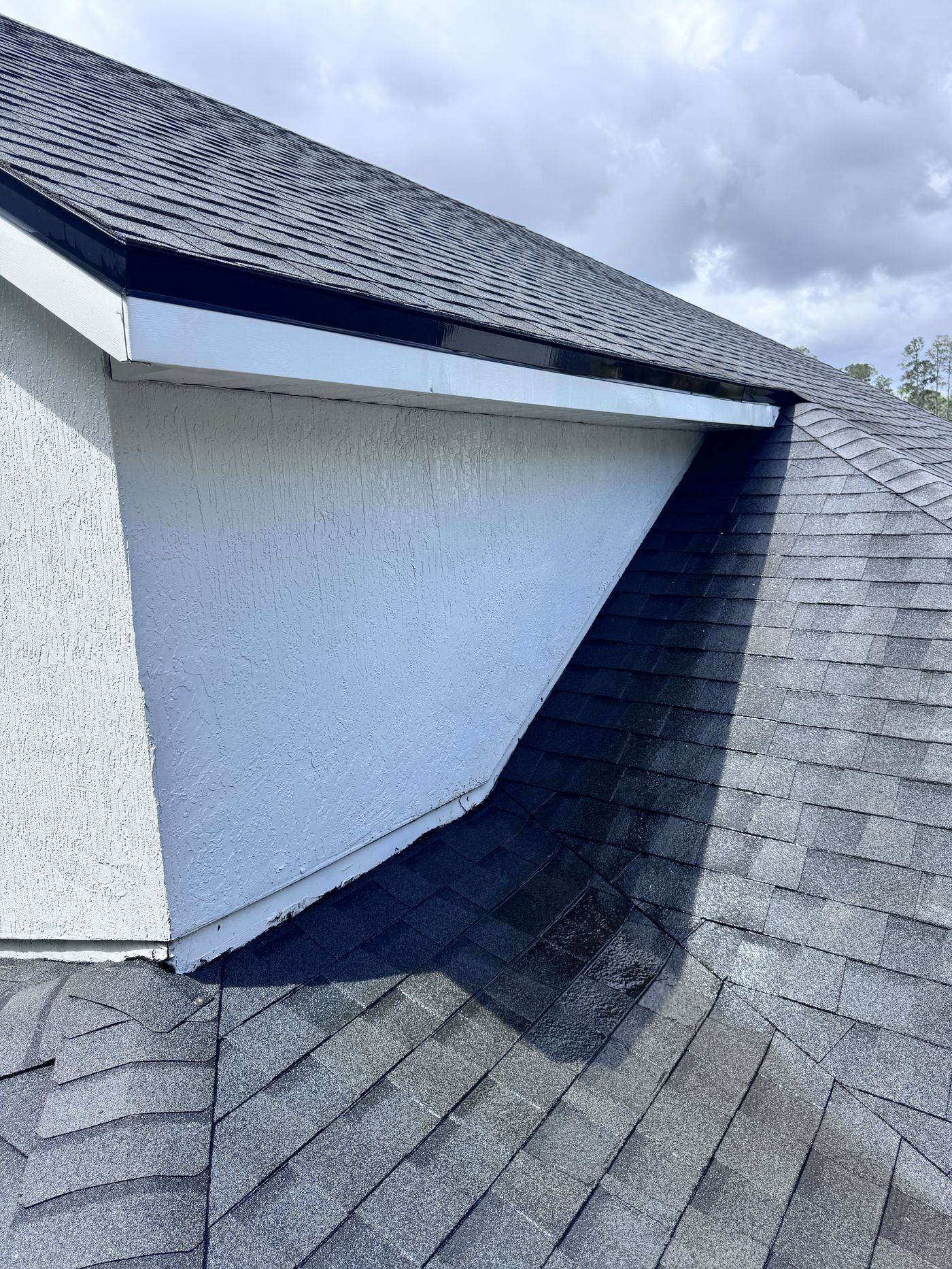 Roof eave before cleaning with black algae streaks